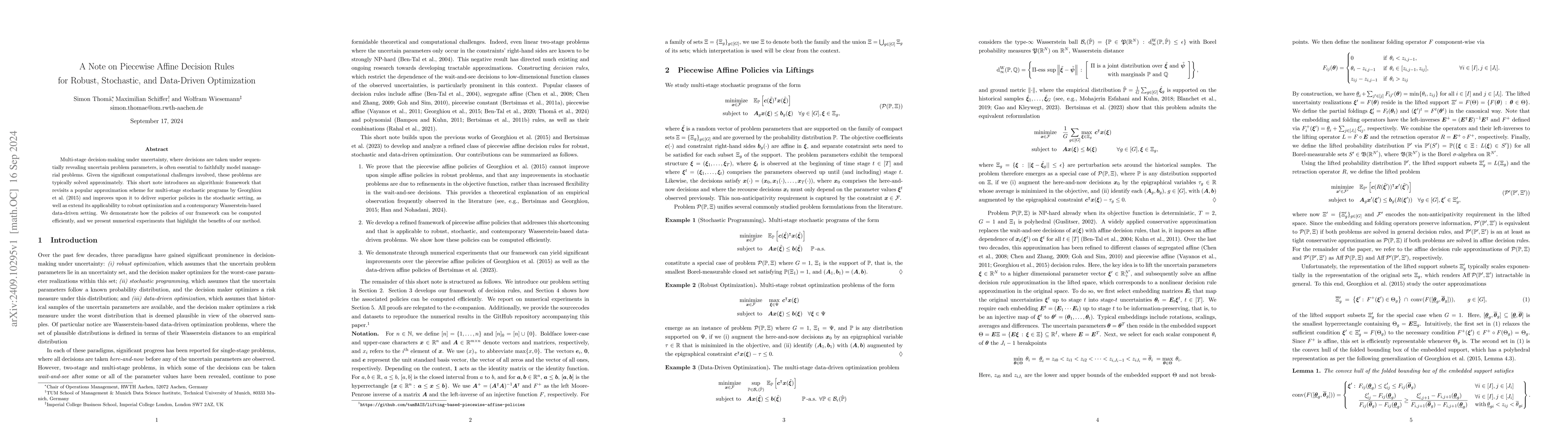 Thumbnail for A Note on Piecewise Affine Decision Rules for Robust, Stochastic, and
  Data-Driven Optimization