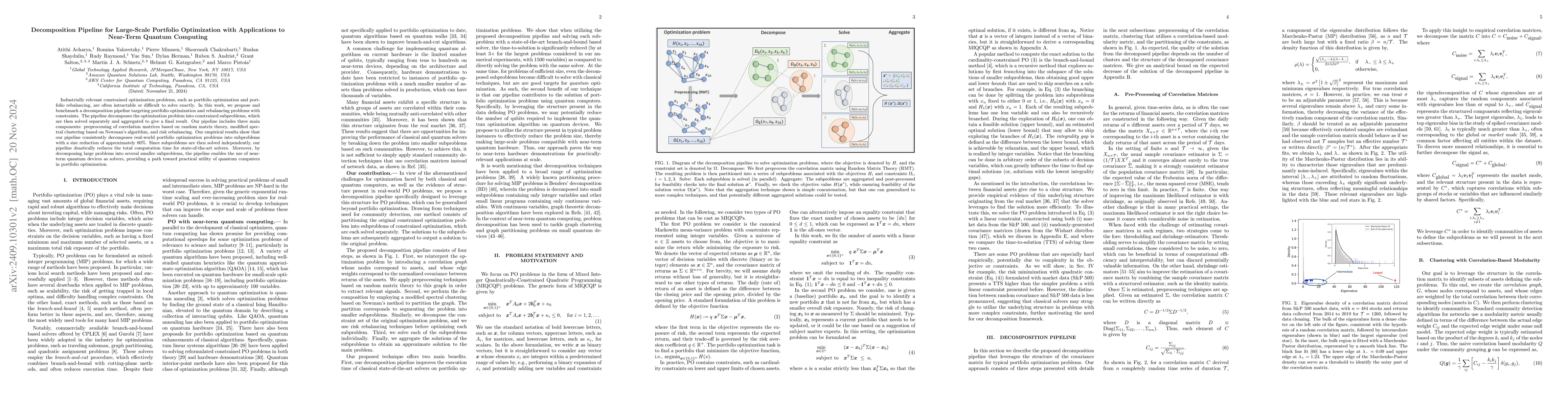 Thumbnail for Decomposition Pipeline for Large-Scale Portfolio Optimization with
  Applications to Near-Term Quantum Computing