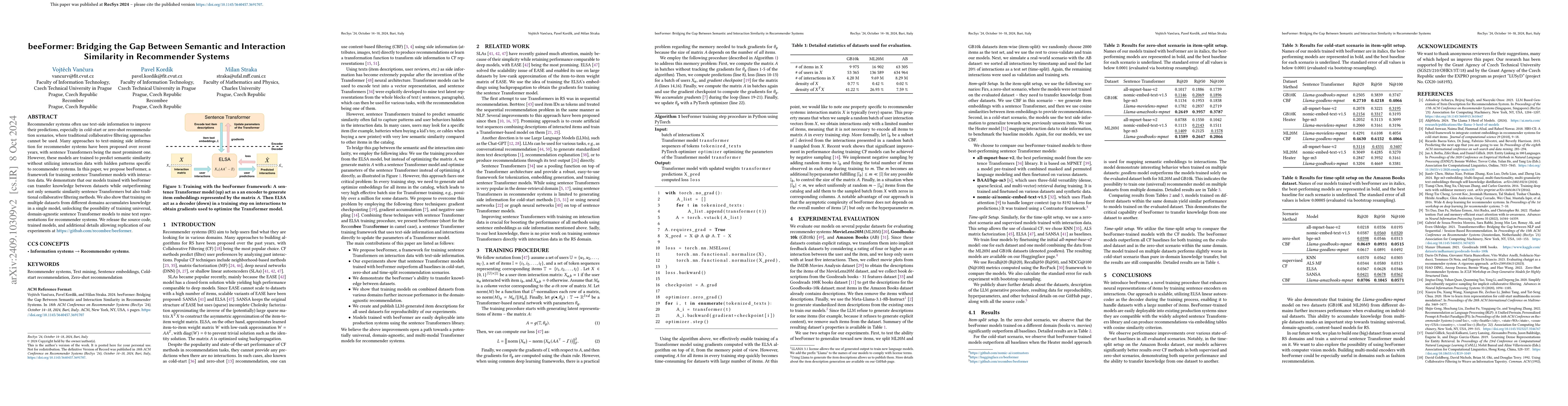 Thumbnail for beeFormer: Bridging the Gap Between Semantic and Interaction Similarity
  in Recommender Systems