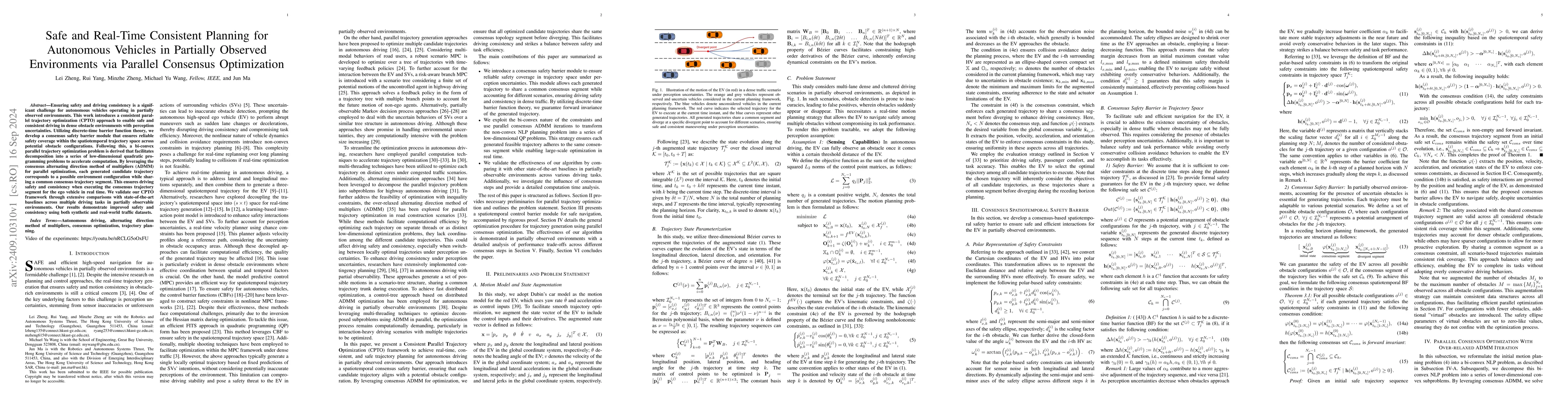 Thumbnail for Safe and Real-Time Consistent Planning for Autonomous Vehicles in
  Partially Observed Environments via Parallel Consensus Optimization