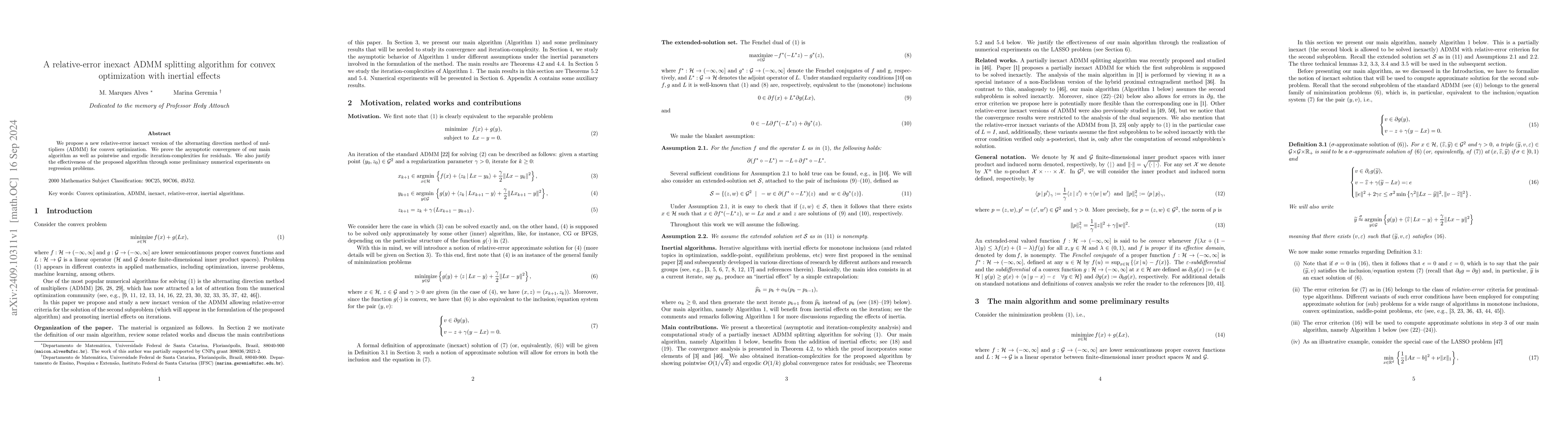 Thumbnail for A relative-error inexact ADMM splitting algorithm for convex
  optimization with inertial effects