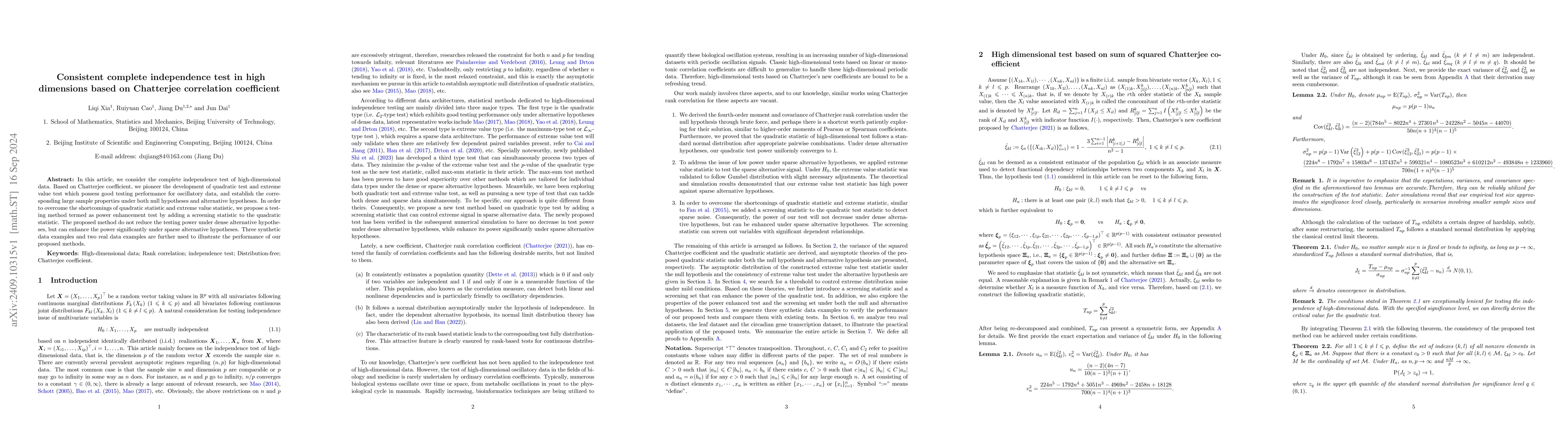 Thumbnail for Consistent complete independence test in high dimensions based on
  Chatterjee correlation coefficient