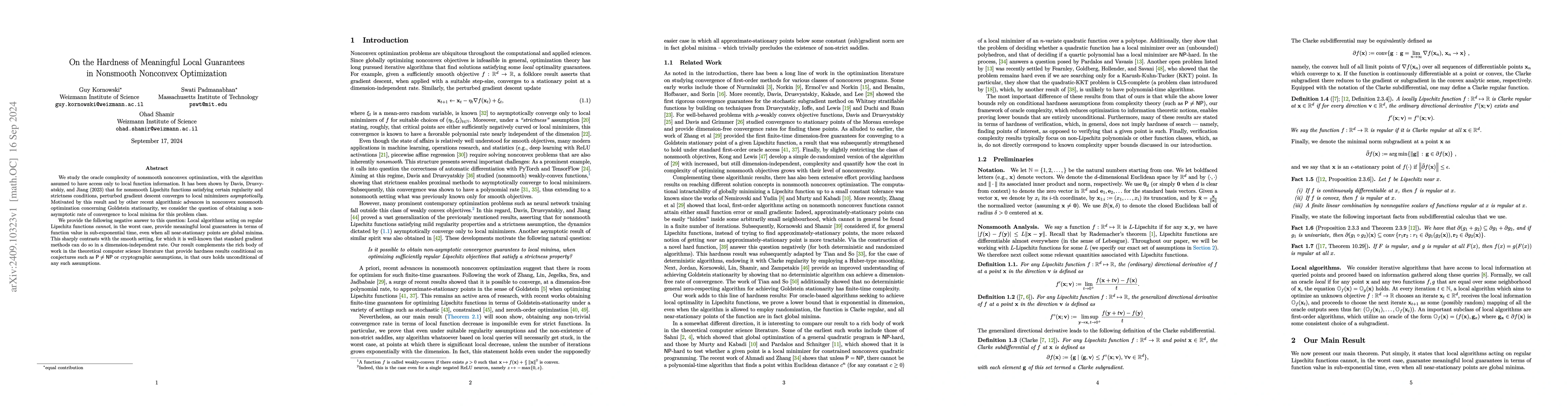 Thumbnail for On the Hardness of Meaningful Local Guarantees in Nonsmooth Nonconvex
  Optimization