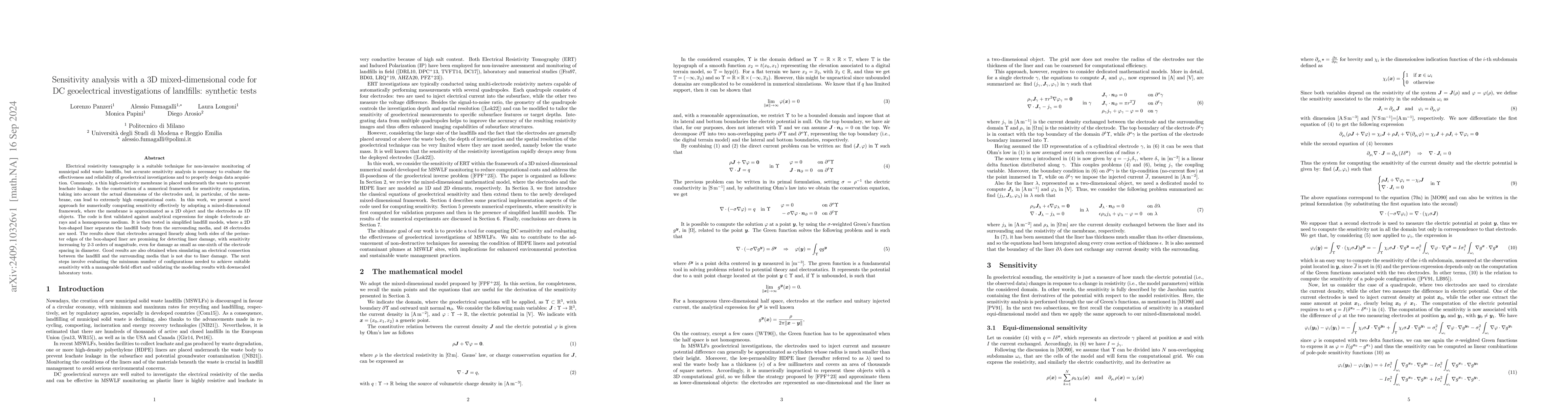 Thumbnail for Sensitivity analysis with a 3D mixed-dimensional code for DC
  geoelectrical investigations of landfills: synthetic tests