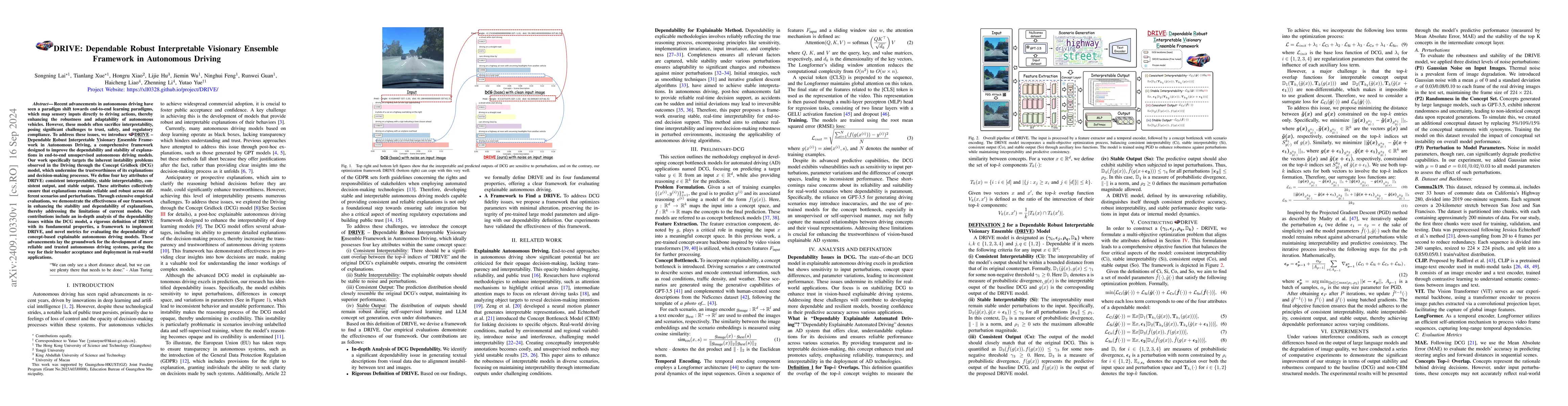Thumbnail for DRIVE: Dependable Robust Interpretable Visionary Ensemble Framework in
  Autonomous Driving
