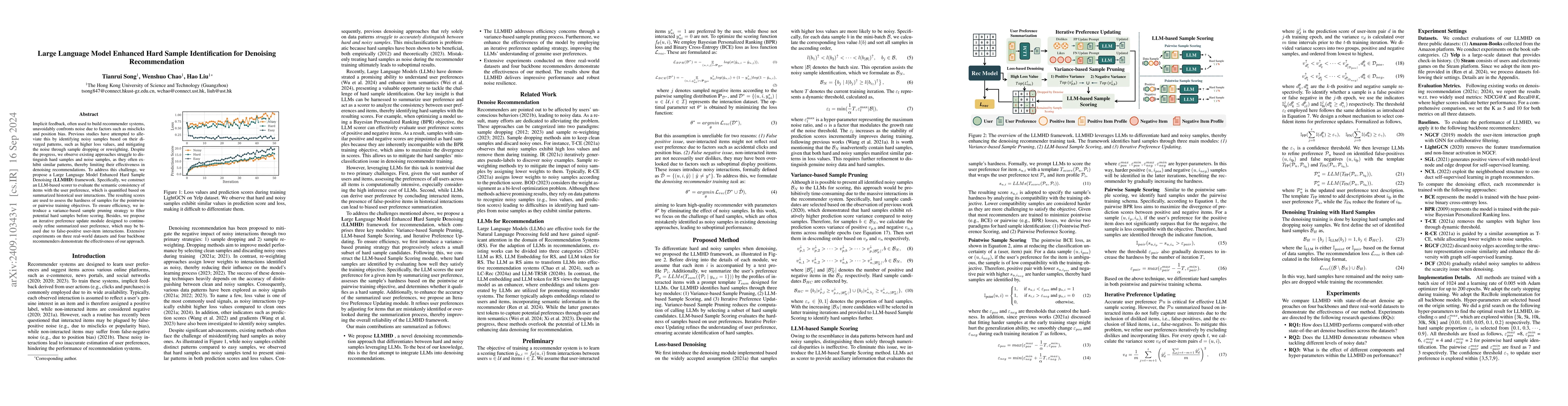 Thumbnail for Large Language Model Enhanced Hard Sample Identification for Denoising
  Recommendation