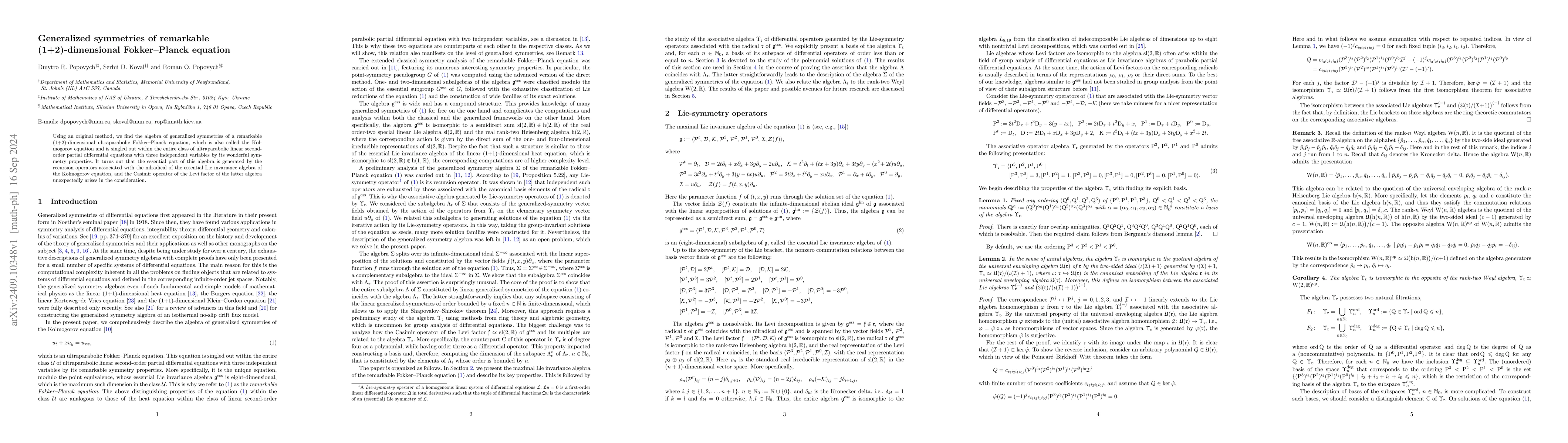 Thumbnail for Generalized symmetries of remarkable (1+2)-dimensional Fokker-Planck
  equation