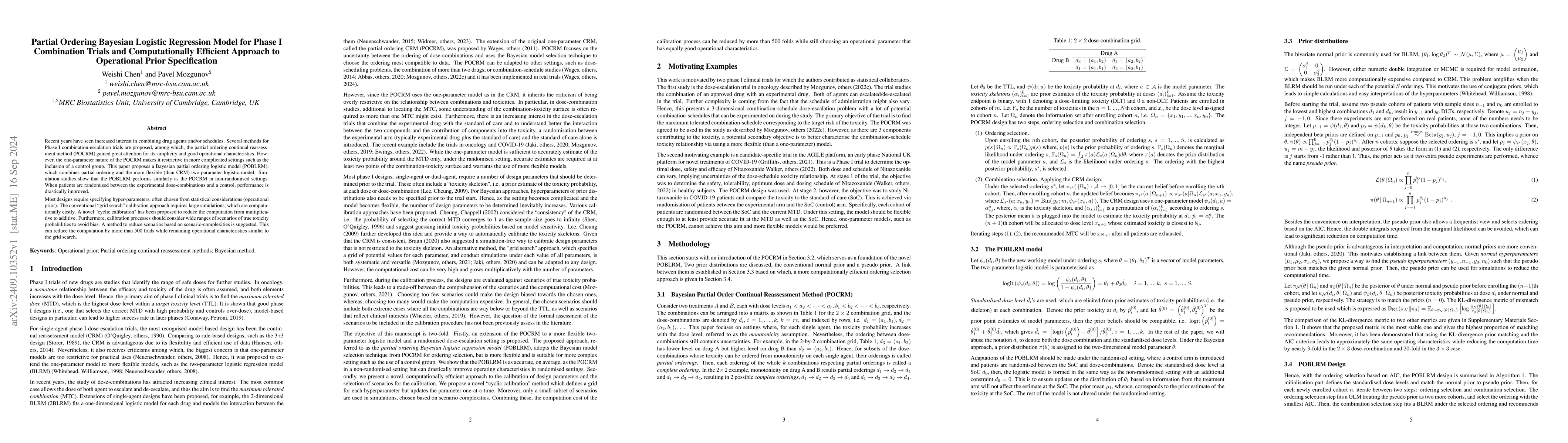Thumbnail for Partial Ordering Bayesian Logistic Regression Model for Phase I
  Combination Trials and Computationally Efficient Approach to Operational
  Prior Specification