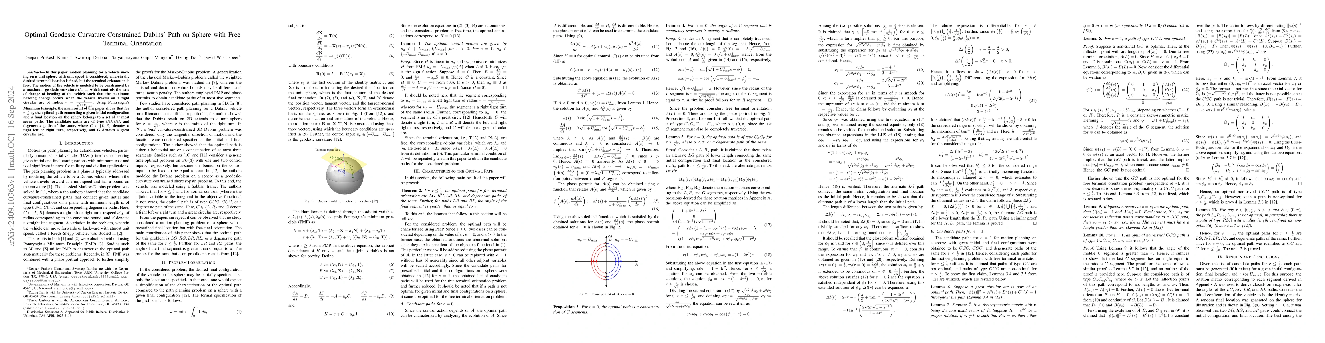 Thumbnail for Optimal Geodesic Curvature Constrained Dubins' Path on Sphere with Free
  Terminal Orientation