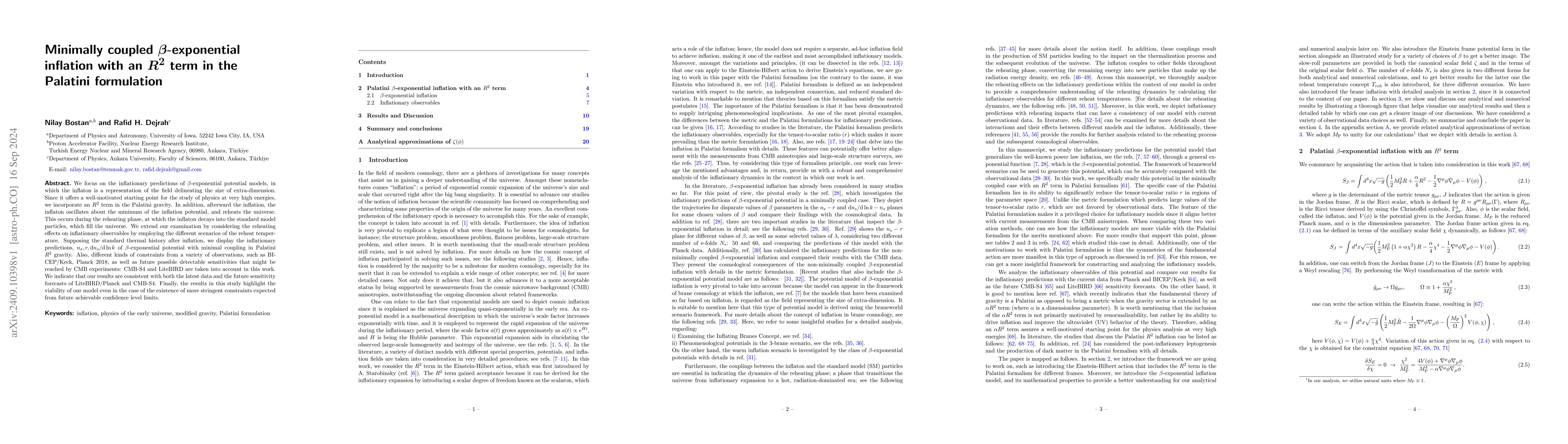 Thumbnail for Minimally coupled $β$-exponential inflation with an $R^2$ term in
  the Palatini formulation