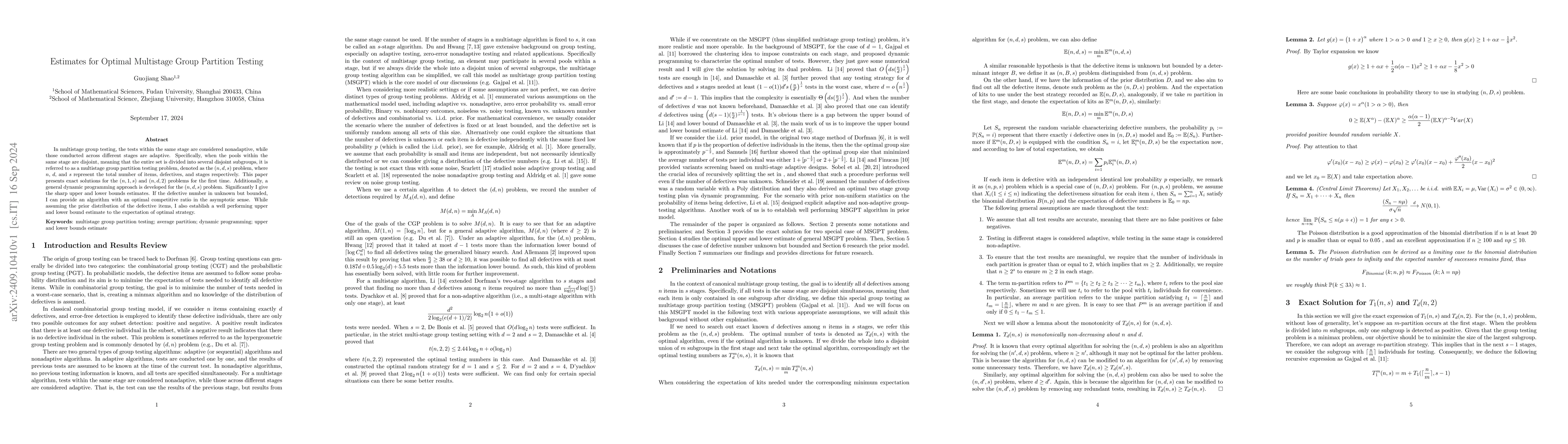 Thumbnail for Estimates for Optimal Multistage Group Partition Testing