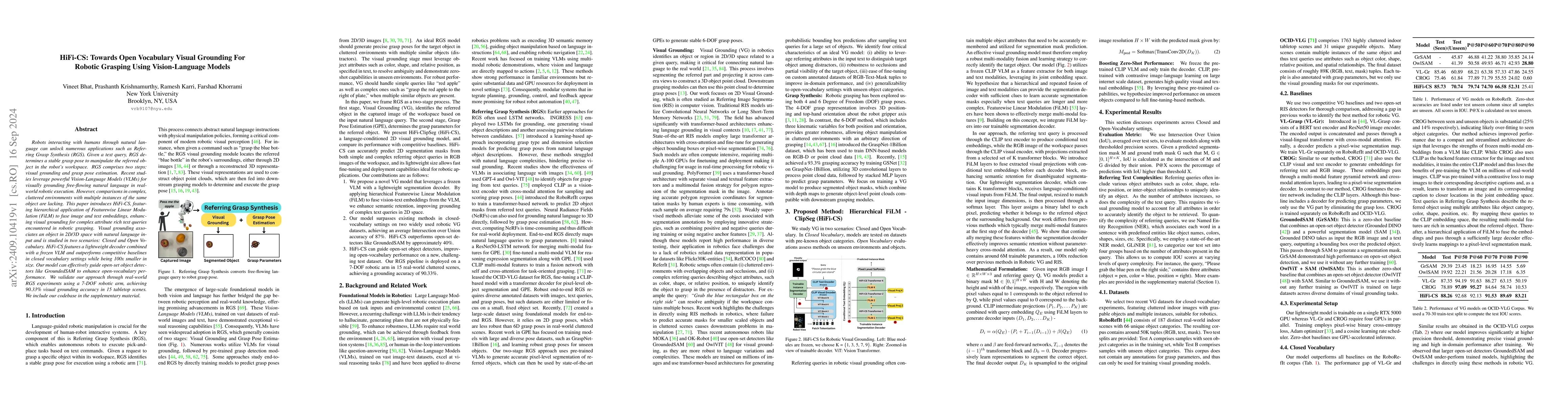 Thumbnail for HiFi-CS: Towards Open Vocabulary Visual Grounding For Robotic Grasping
  Using Vision-Language Models