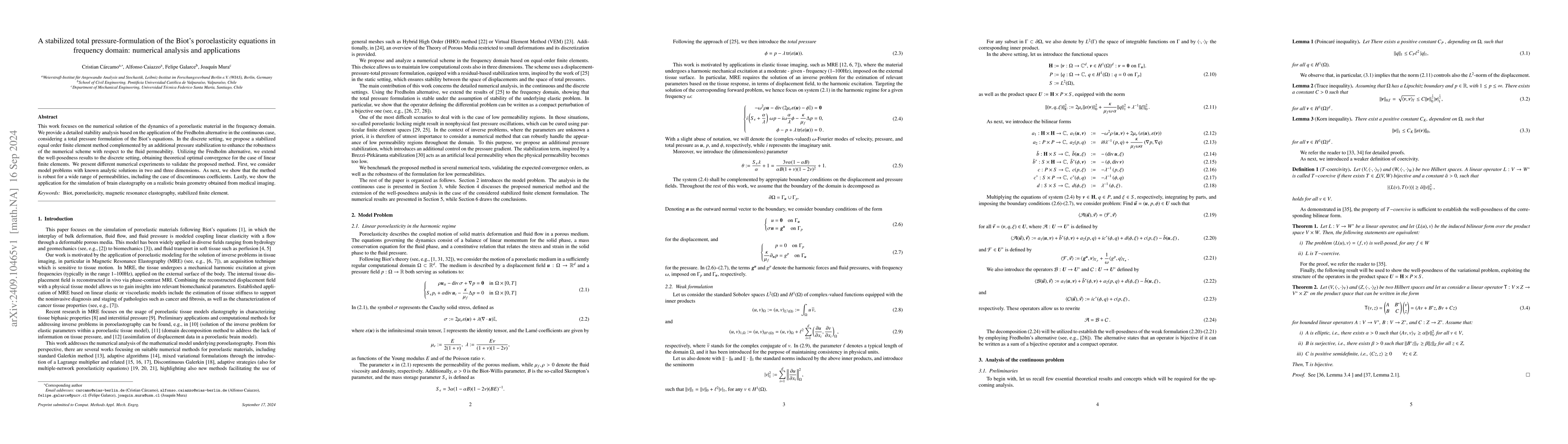 Thumbnail for A stabilized total pressure-formulation of the Biot's poroelasticity
  equations in frequency domain: numerical analysis and applications