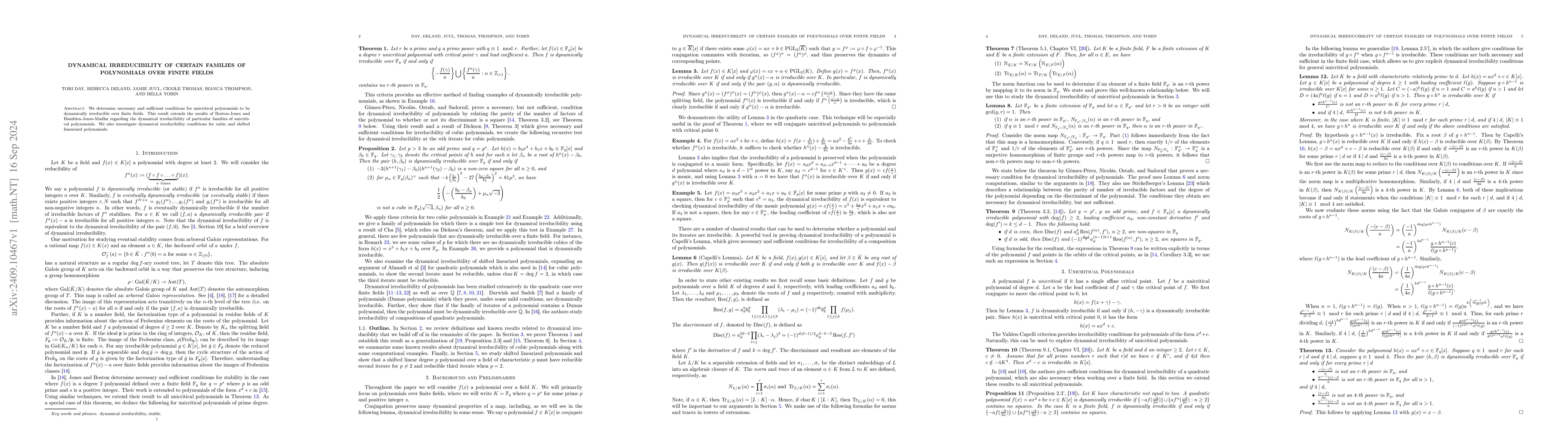 Thumbnail for Dynamical Irreducibility of Certain Families of Polynomials over Finite
  Fields