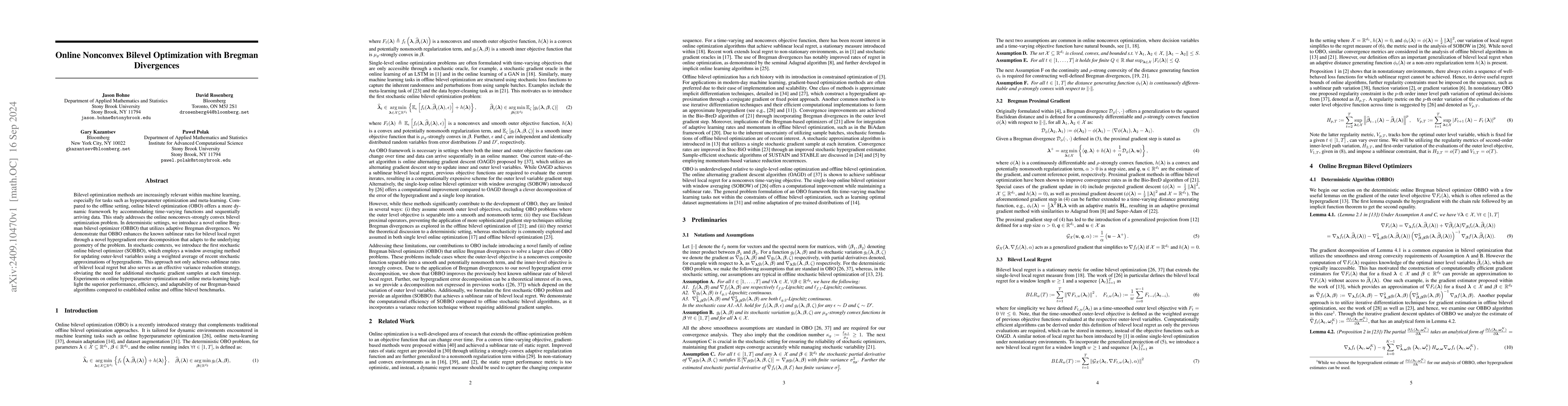Thumbnail for Online Nonconvex Bilevel Optimization with Bregman Divergences