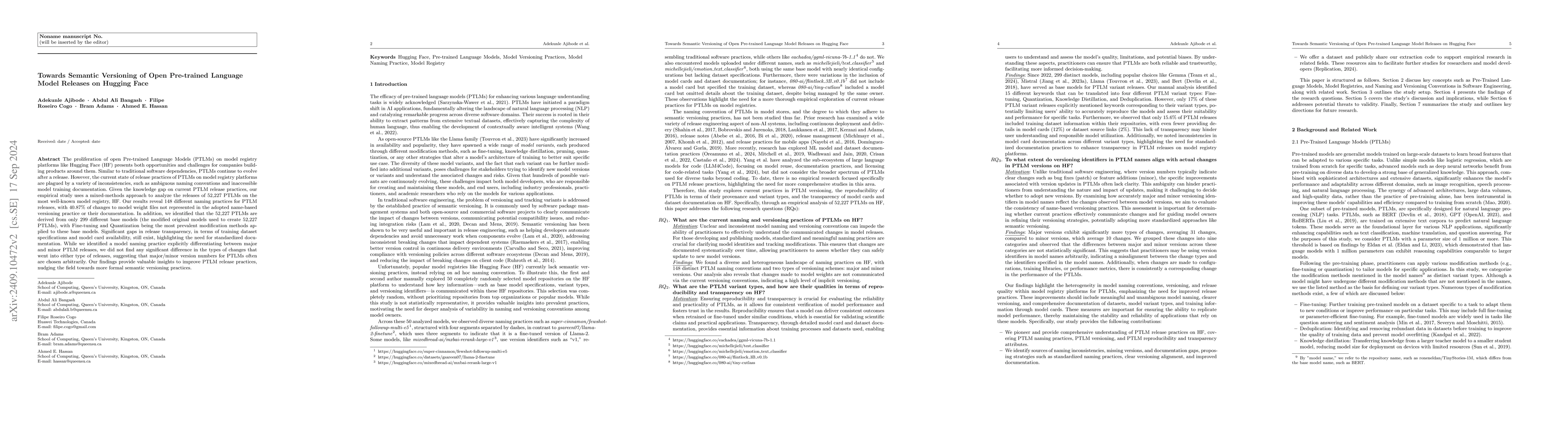 Thumbnail for Towards Semantic Versioning of Open Pre-trained Language Model Releases
  on Hugging Face