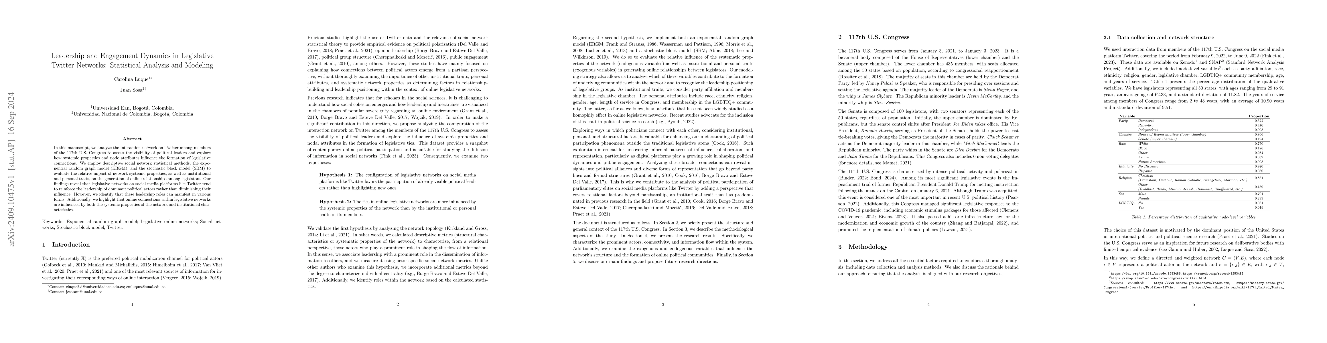 Thumbnail for Leadership and Engagement Dynamics in Legislative Twitter Networks:
  Statistical Analysis and Modeling