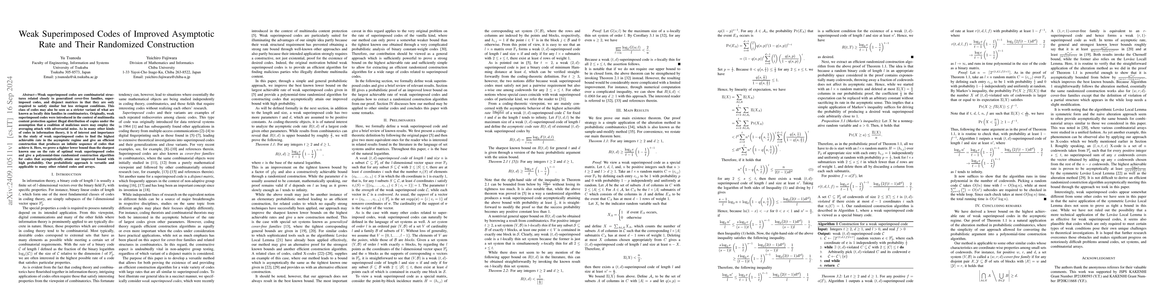 Thumbnail for Weak Superimposed Codes of Improved Asymptotic Rate and Their Randomized
  Construction