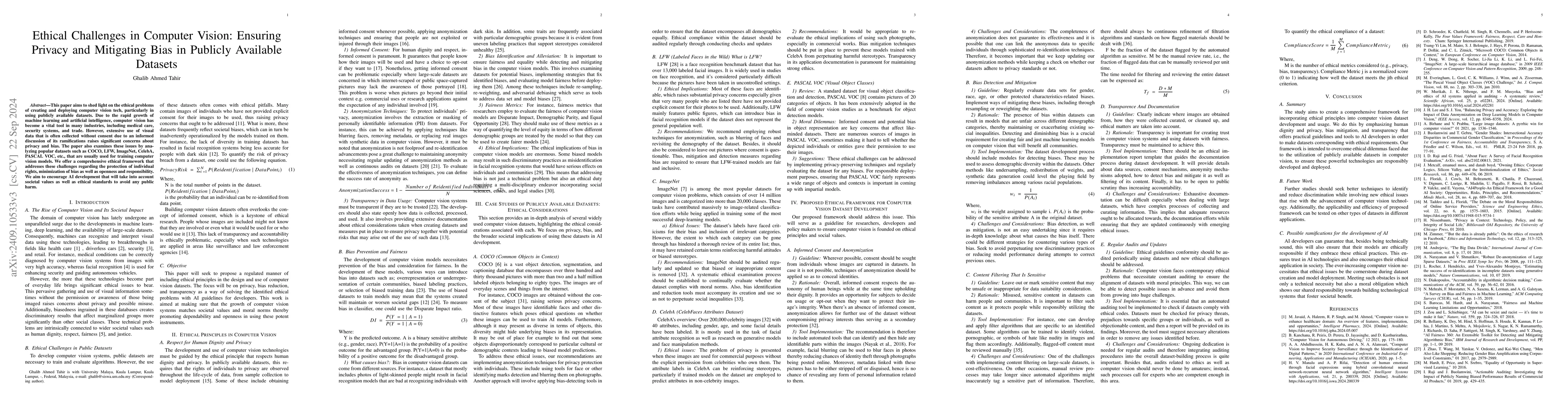 Thumbnail for Ethical Challenges in Computer Vision: Ensuring Privacy and Mitigating
  Bias in Publicly Available Datasets