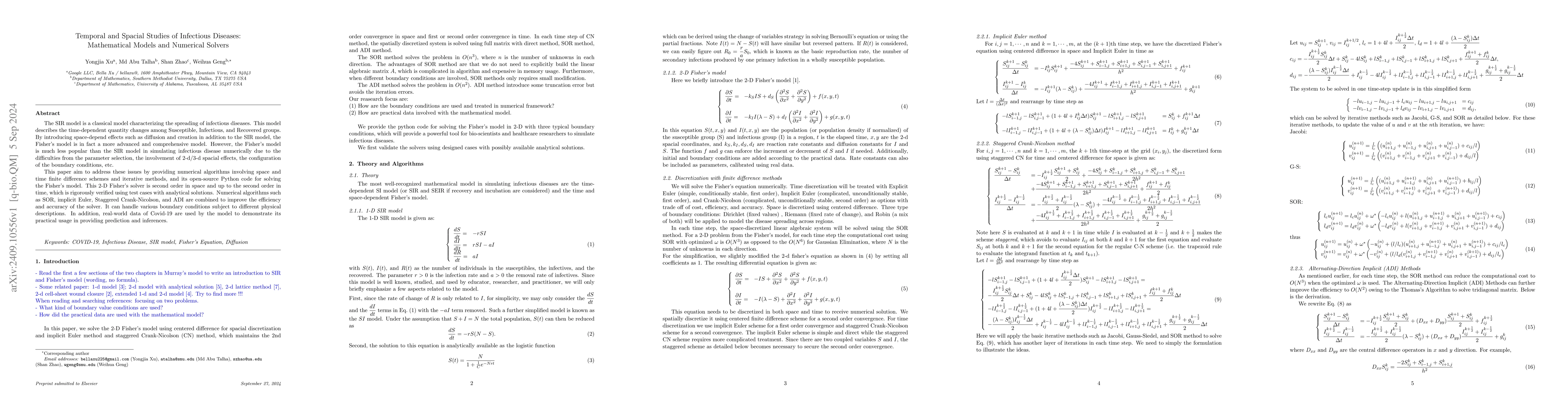 Thumbnail for Temporal and Spacial Studies of Infectious Diseases: Mathematical Models
  and Numerical Solvers