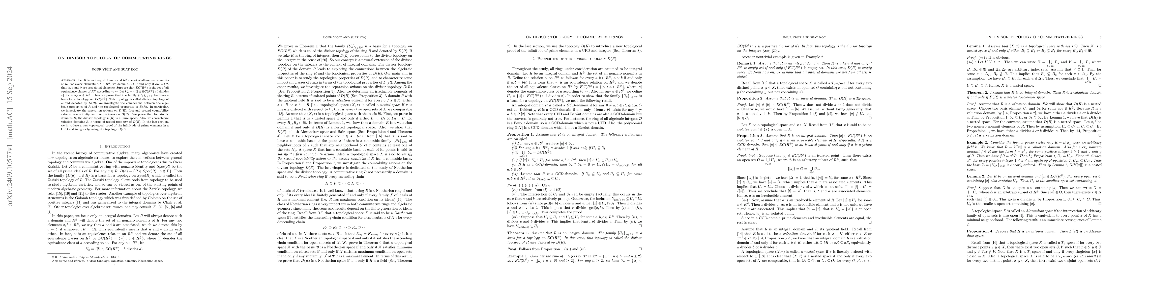 Thumbnail for On Divisor Topology of Commutative Rings