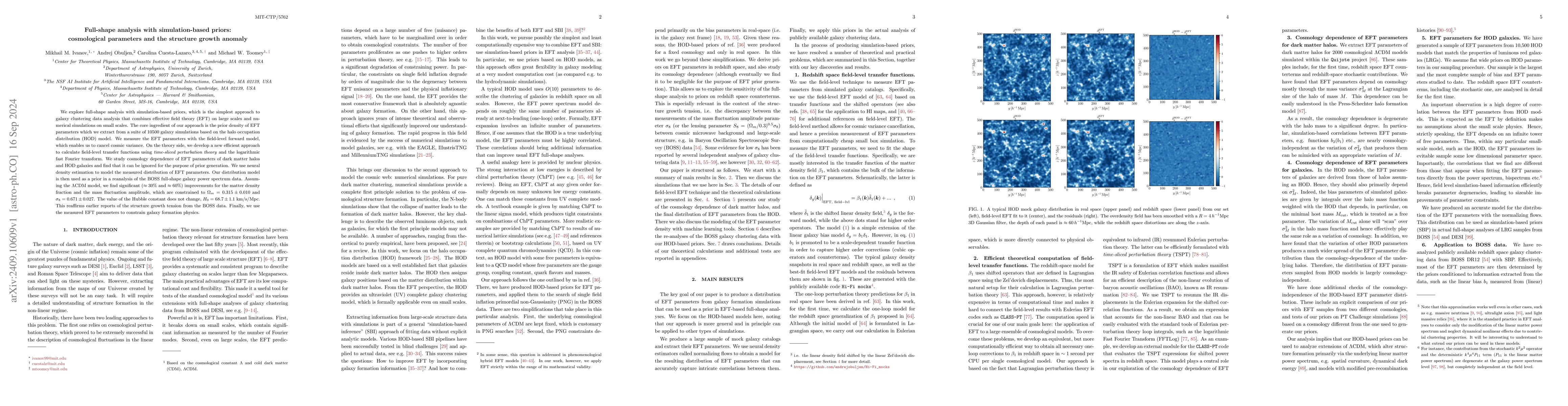 Thumbnail for Full-shape analysis with simulation-based priors: cosmological
  parameters and the structure growth anomaly