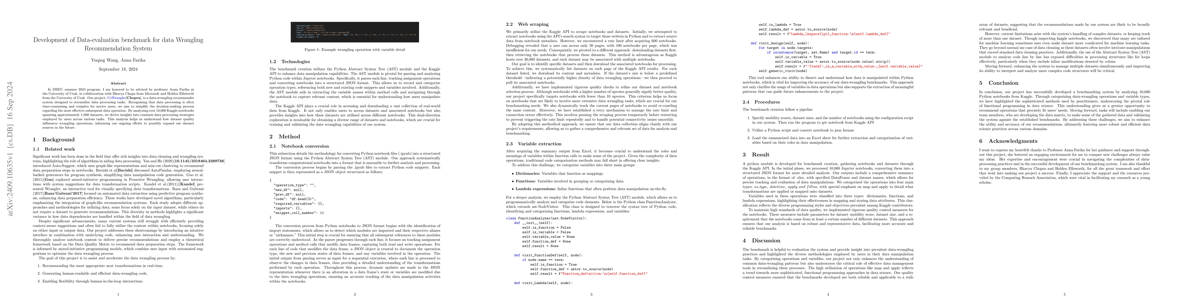 Thumbnail for Development of Data Evaluation Benchmark for Data Wrangling
  Recommendation System