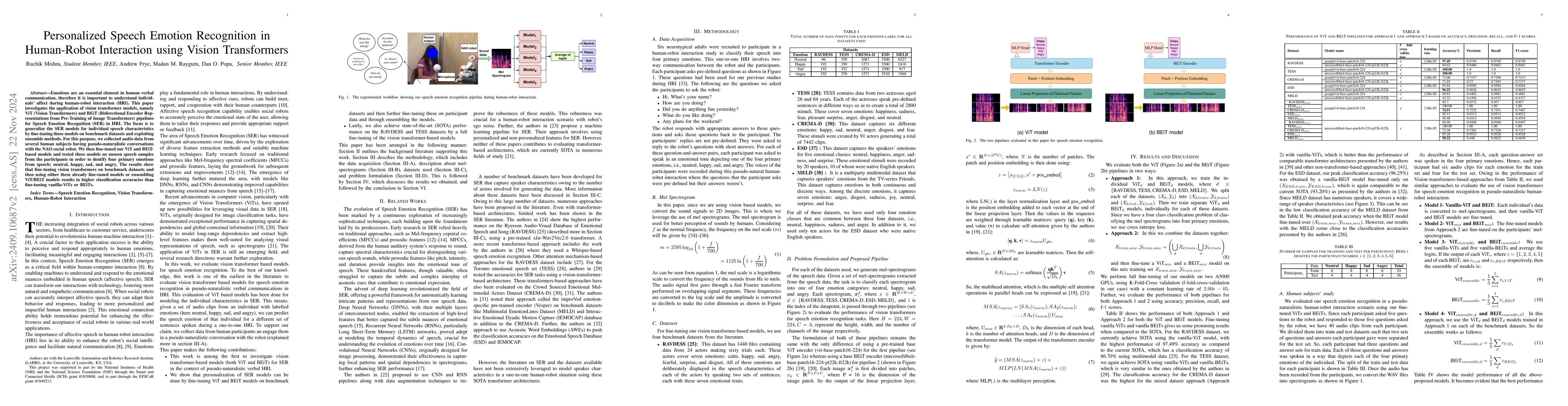 Thumbnail for Personalized Speech Emotion Recognition in Human-Robot Interaction using
  Vision Transformers