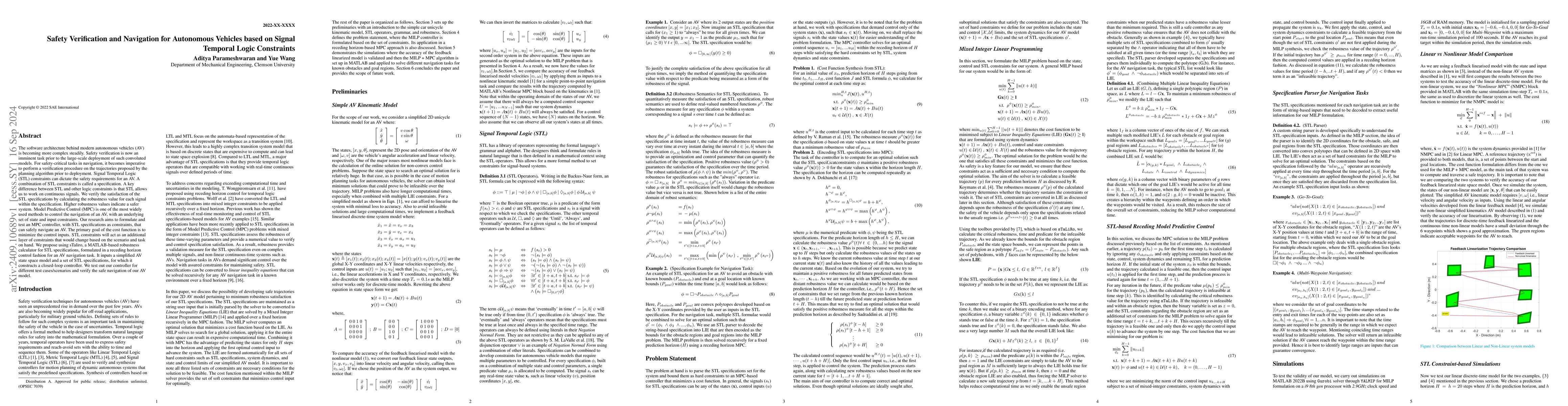 Thumbnail for Safety Verification and Navigation for Autonomous Vehicles based on
  Signal Temporal Logic Constraints