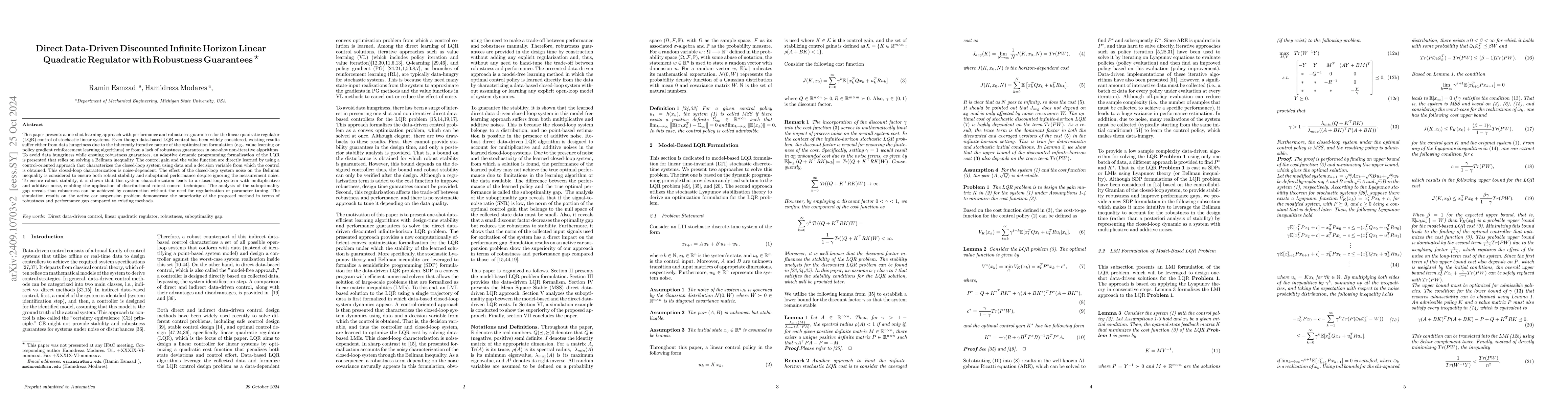 Thumbnail for Direct Data-Driven Discounted Infinite Horizon Linear Quadratic
  Regulator with Robustness Guarantees