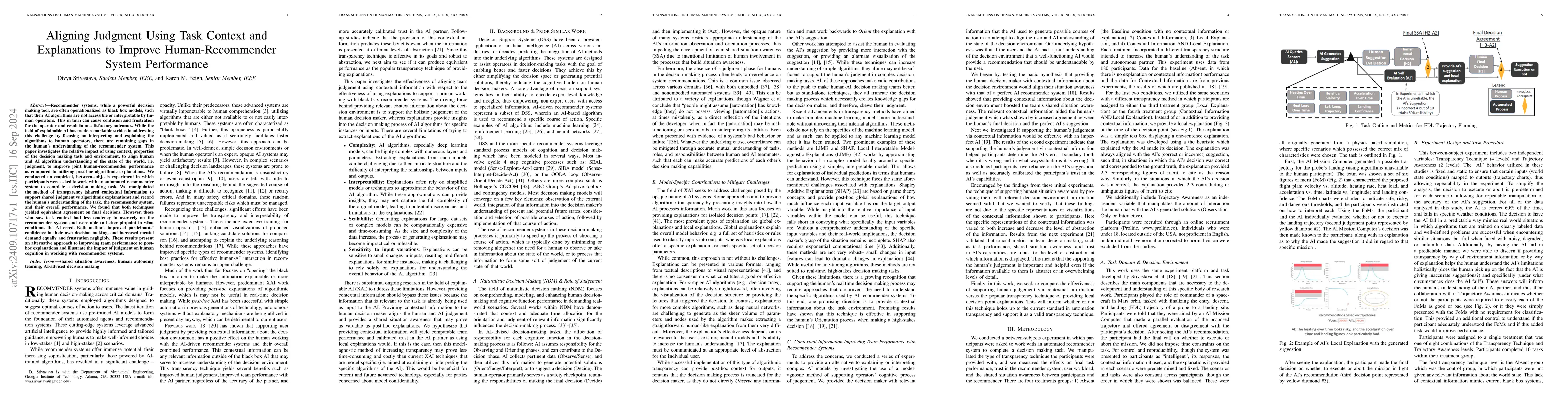Thumbnail for Aligning Judgment Using Task Context and Explanations to Improve
  Human-Recommender System Performance