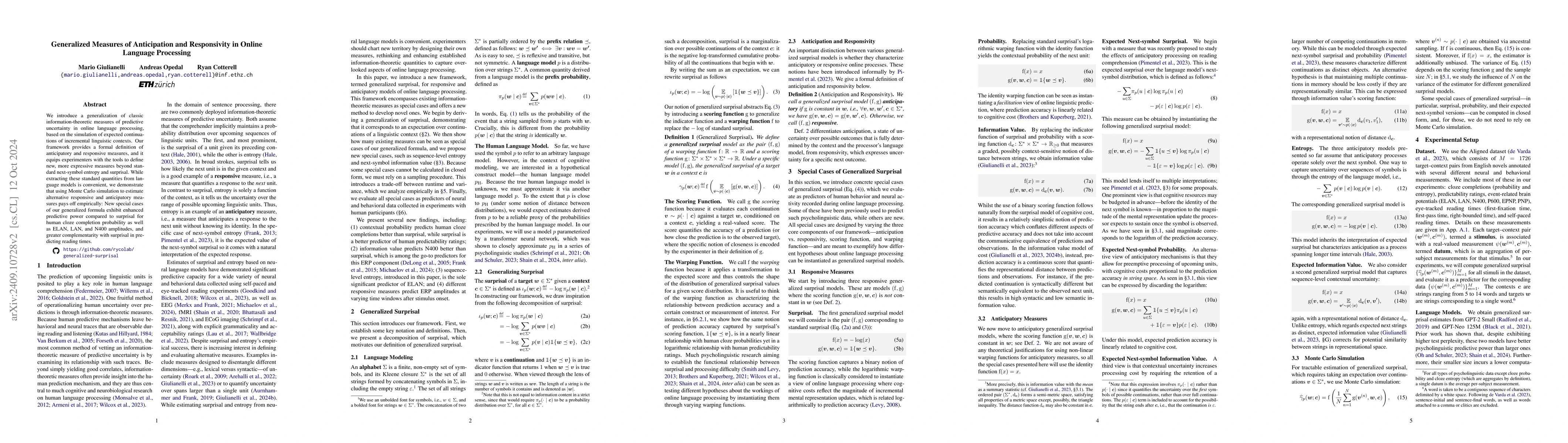 Thumbnail for Generalized Measures of Anticipation and Responsivity in Online Language
  Processing