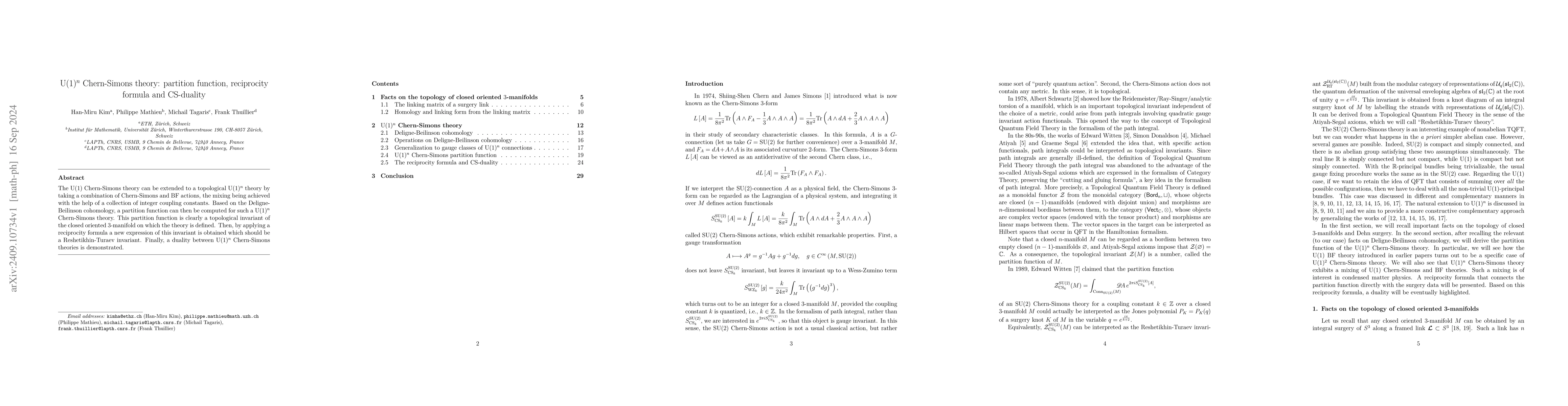 Thumbnail for $\mathrm{U}(1)^{n}$ Chern-Simons theory: partition function, reciprocity
  formula and CS-duality
