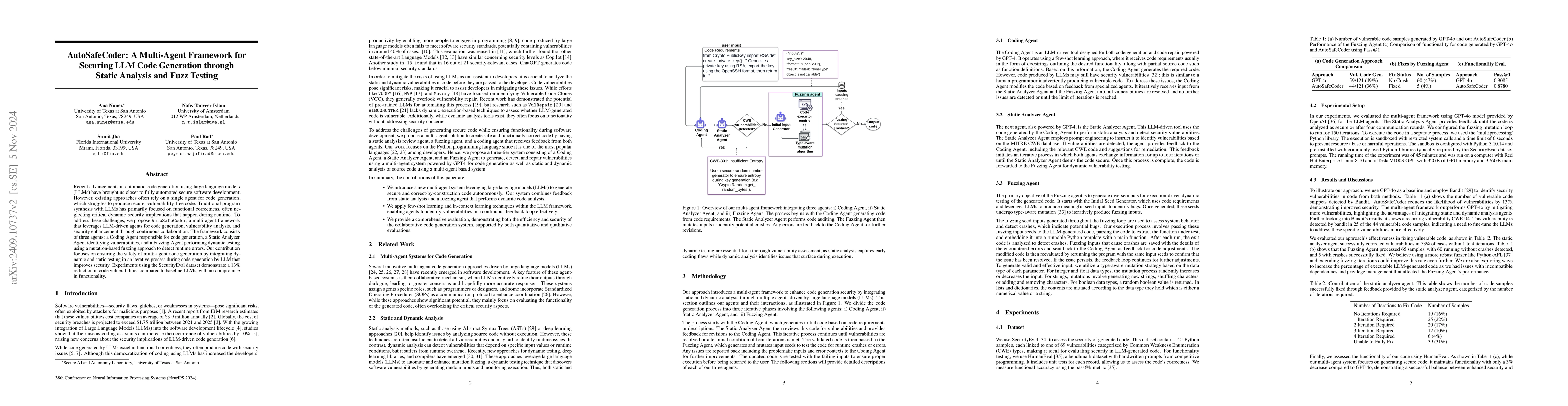 Thumbnail for AutoSafeCoder: A Multi-Agent Framework for Securing LLM Code Generation
  through Static Analysis and Fuzz Testing