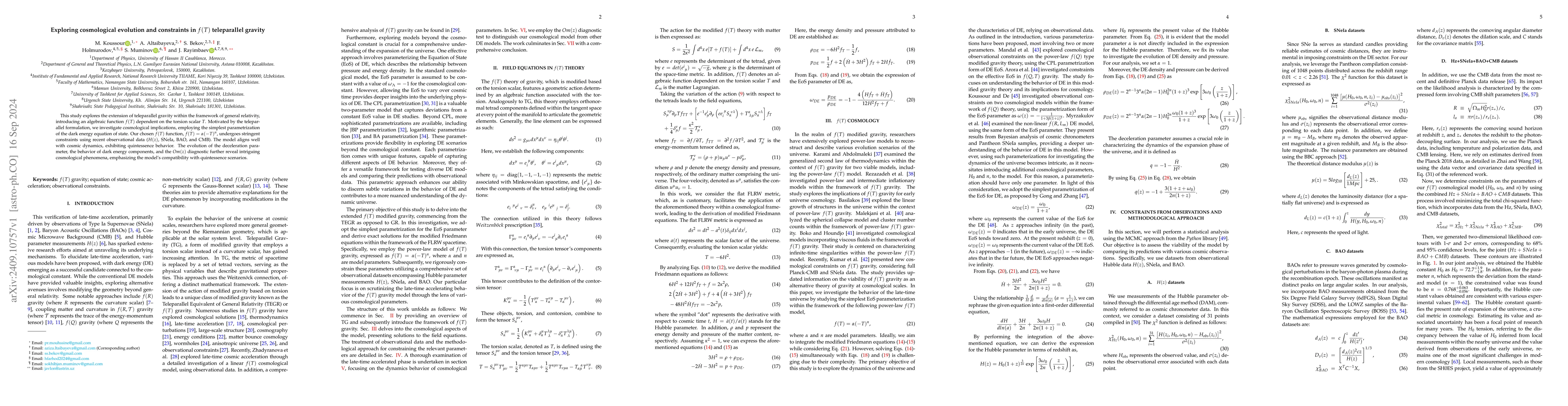 Thumbnail for Exploring cosmological evolution and constraints in $f(T)$ teleparallel
  gravity