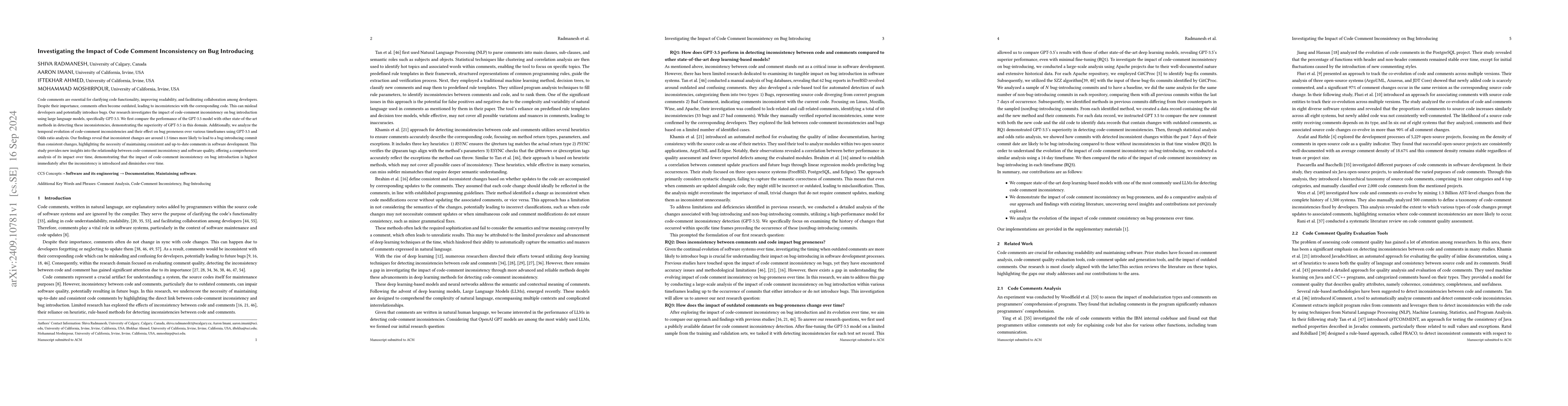 Thumbnail for Investigating the Impact of Code Comment Inconsistency on Bug
  Introducing