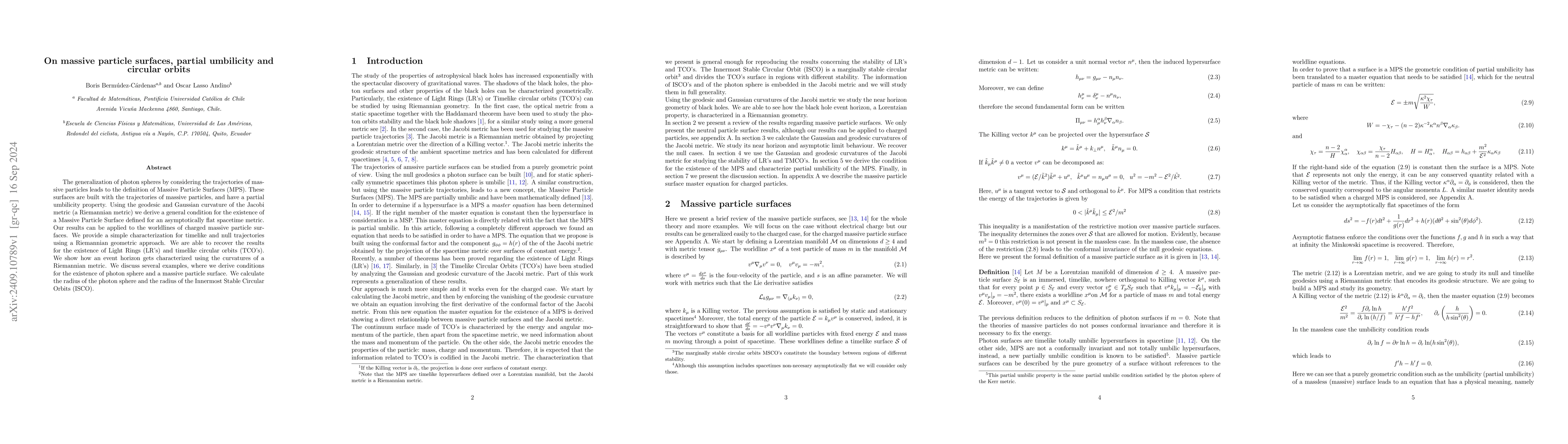 Thumbnail for On massive particle surfaces, partial umbilicity and circular orbits