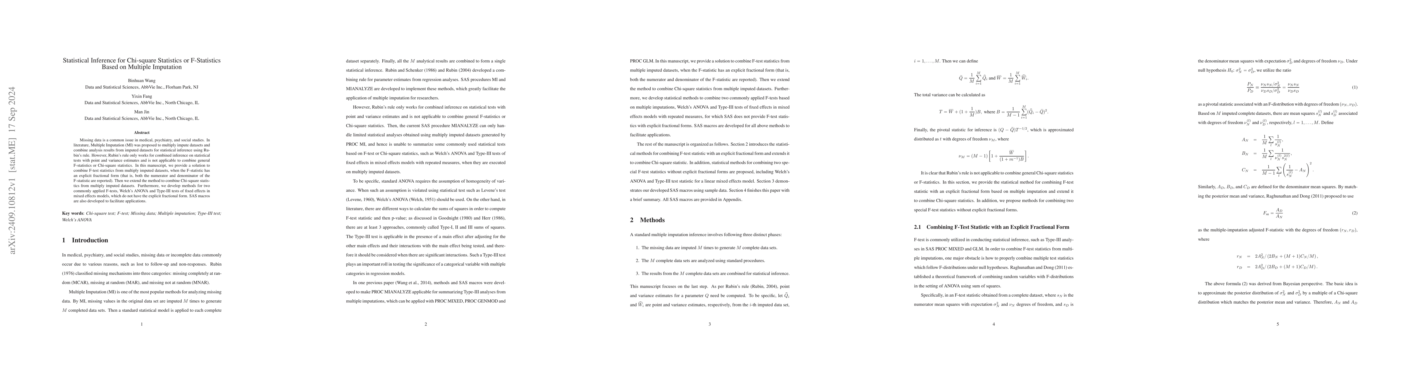 Thumbnail for Statistical Inference for Chi-square Statistics or F-Statistics Based on
  Multiple Imputation
