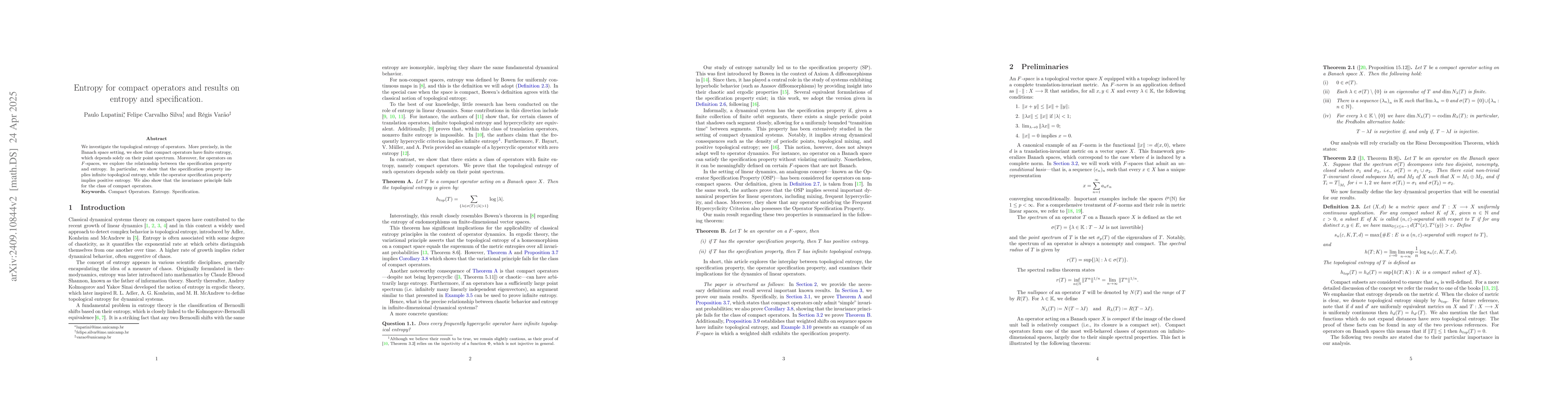 Thumbnail for Entropy for compact operators and results on entropy and specification