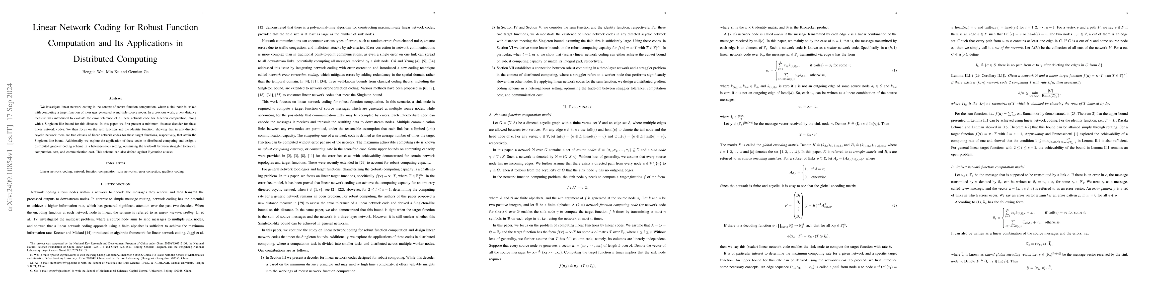 Thumbnail for Linear Network Coding for Robust Function Computation and Its
  Applications in Distributed Computing
