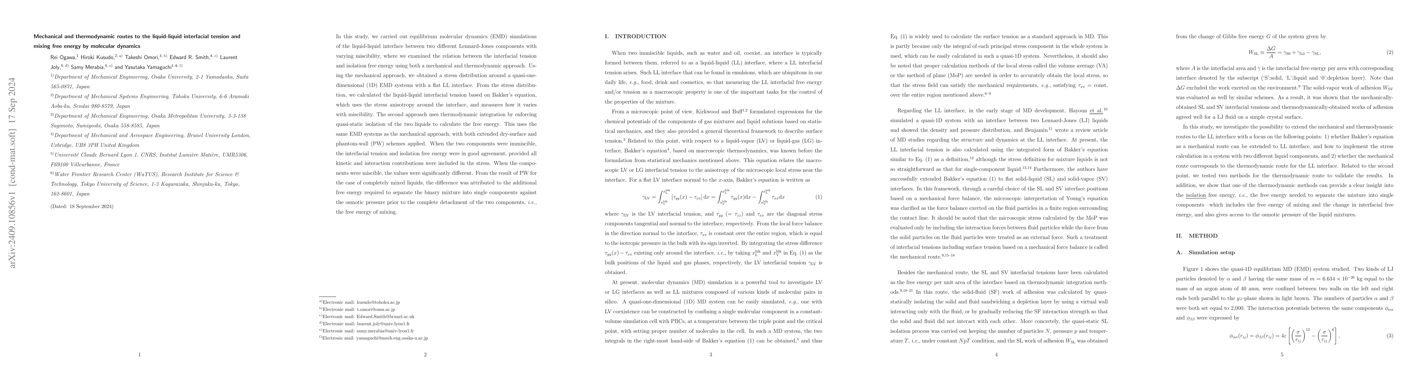 Thumbnail for Mechanical and thermodynamic routes to the liquid-liquid interfacial
  tension and mixing free energy by molecular dynamics
