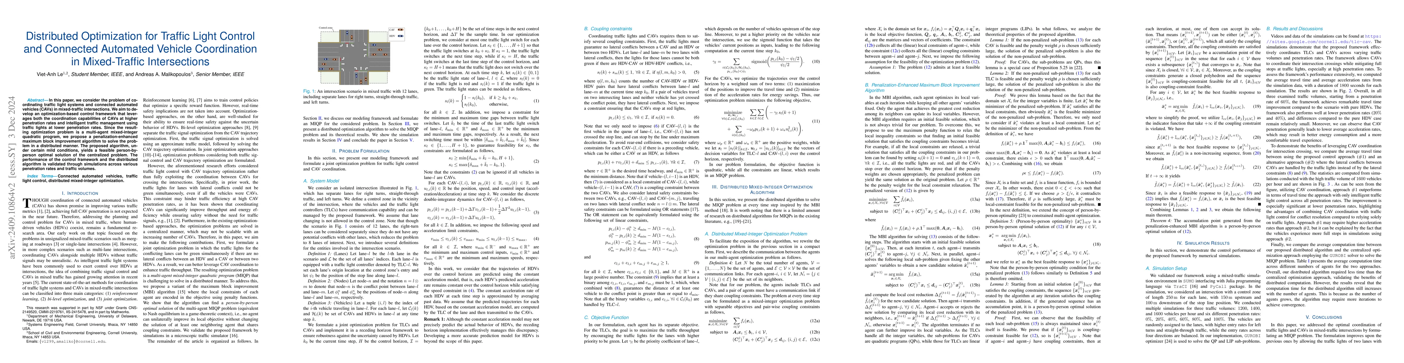 Thumbnail for Distributed Optimization for Traffic Light Control and Connected
  Automated Vehicle Coordination in Mixed-Traffic Intersections