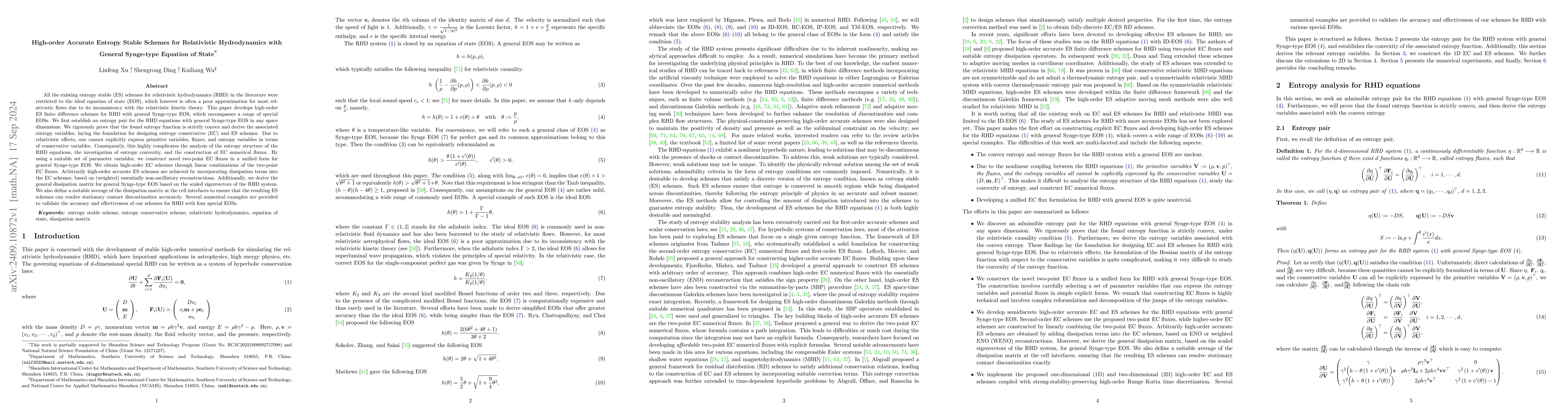 Thumbnail for High-order Accurate Entropy Stable Schemes for Relativistic
  Hydrodynamics with General Synge-type Equation of State