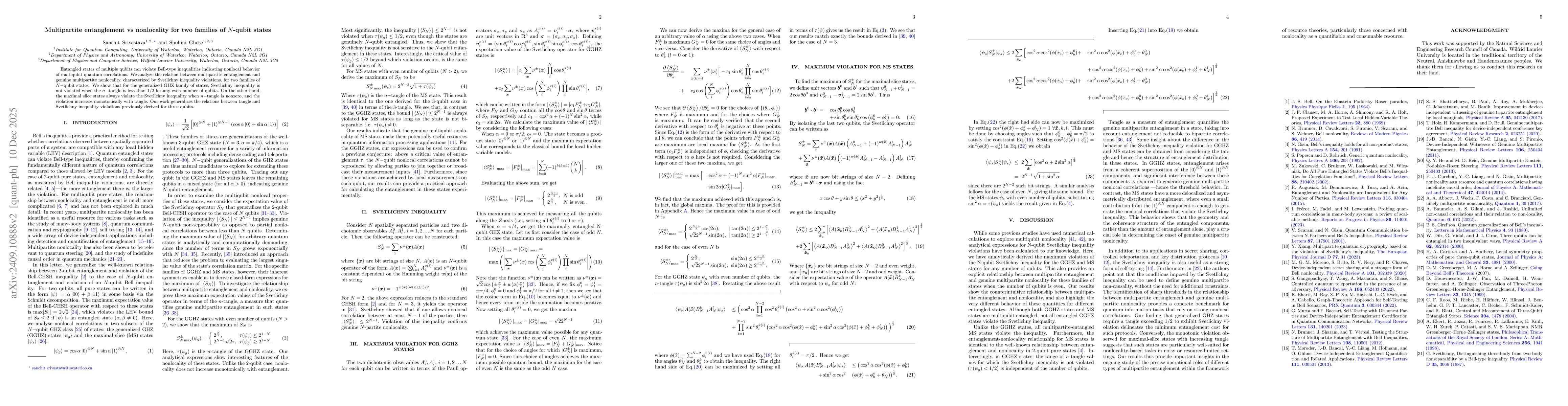 Thumbnail for Multipartite entanglement vs nonlocality for two families of $N$-qubit states