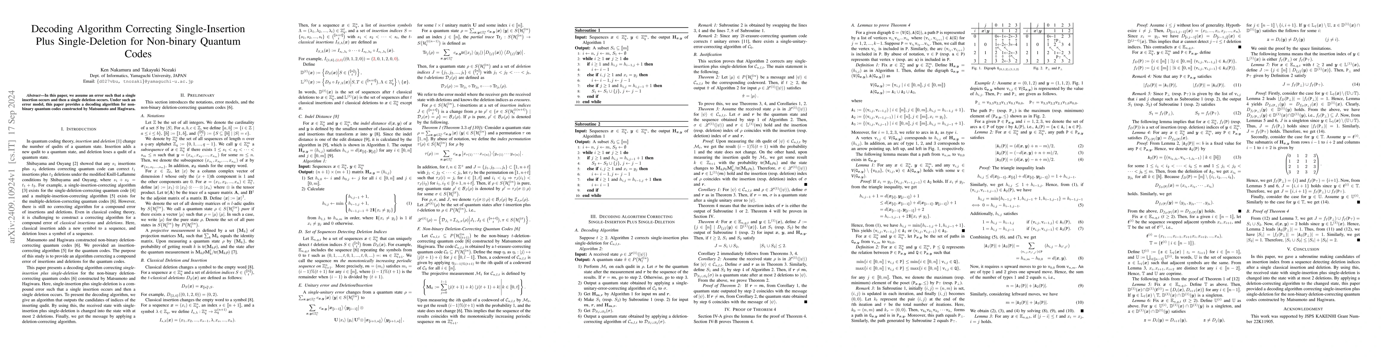 Thumbnail for Decoding Algorithm Correcting Single-Insertion Plus Single-Deletion for
  Non-binary Quantum Codes