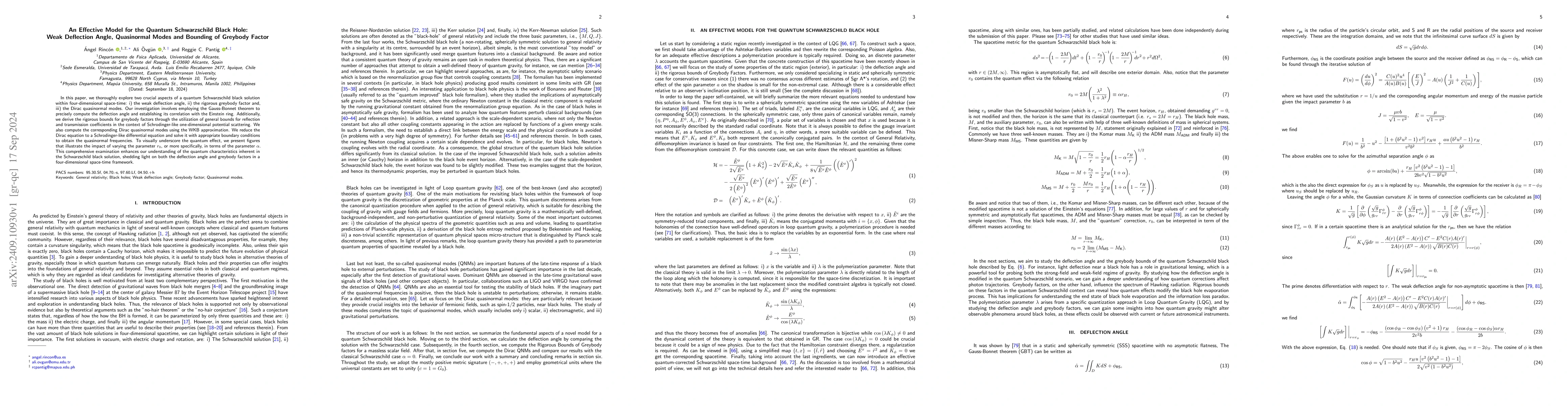 Thumbnail for An Effective Model for the Quantum Schwarzschild Black Hole: Weak
  Deflection Angle, Quasinormal Modes and Bounding of Greybody Factor