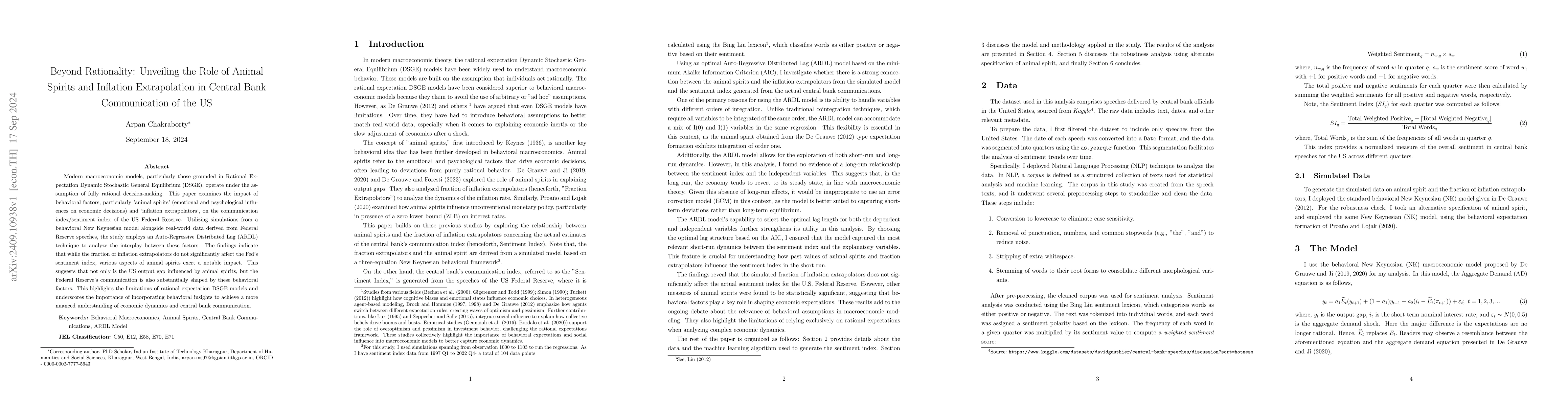 Thumbnail for Beyond Rationality: Unveiling the Role of Animal Spirits and Inflation
  Extrapolation in Central Bank Communication of the US