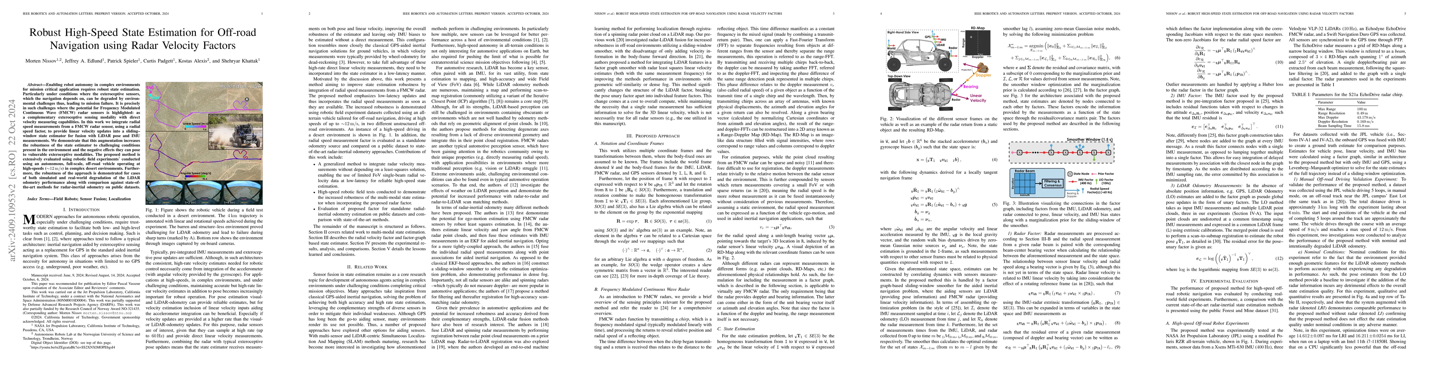 Thumbnail for Robust High-Speed State Estimation for Off-road Navigation using Radar
  Velocity Factors