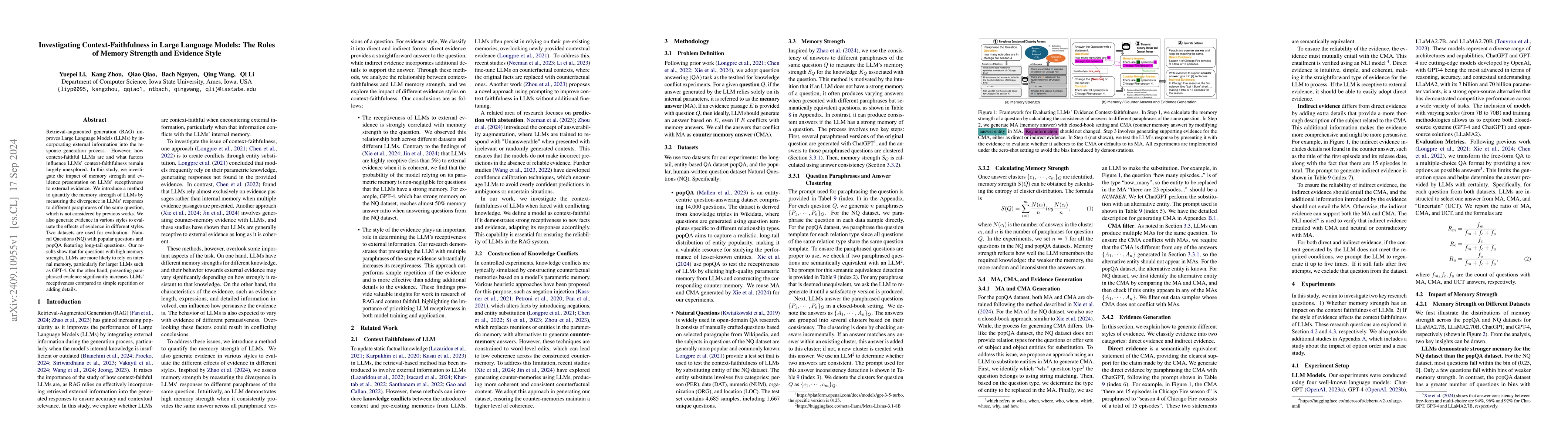 Thumbnail for Investigating Context-Faithfulness in Large Language Models: The Roles
  of Memory Strength and Evidence Style