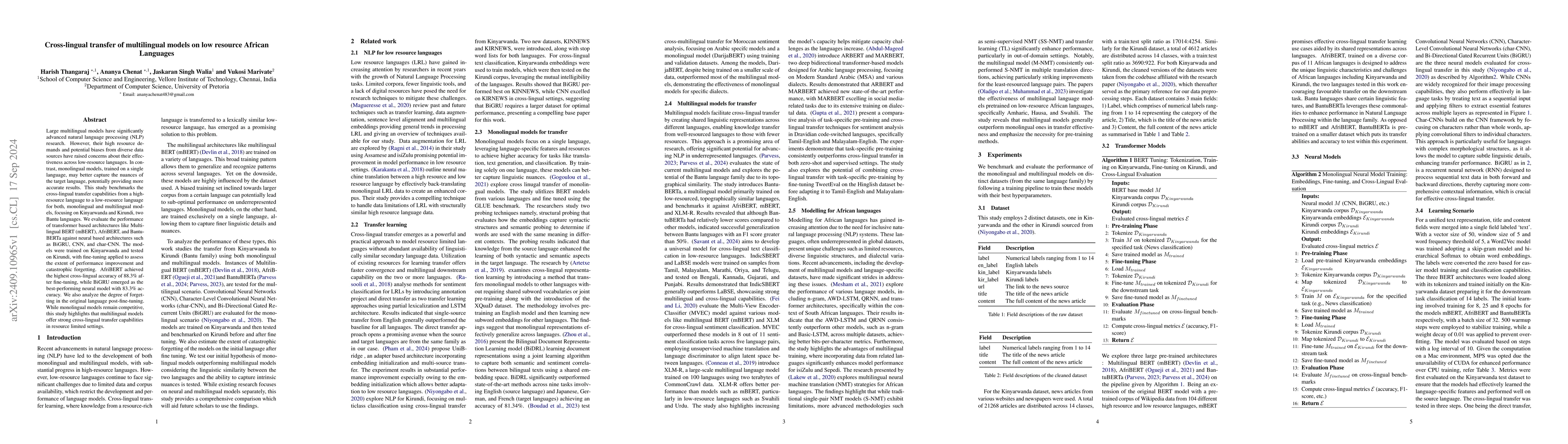 Thumbnail for Cross-lingual transfer of multilingual models on low resource African
  Languages